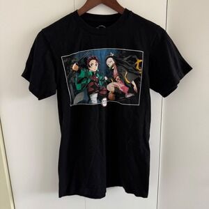 Demon Slayer Tanjiro Nezuko Graphic T-Shirt Black Cotton Anime Mens Small S